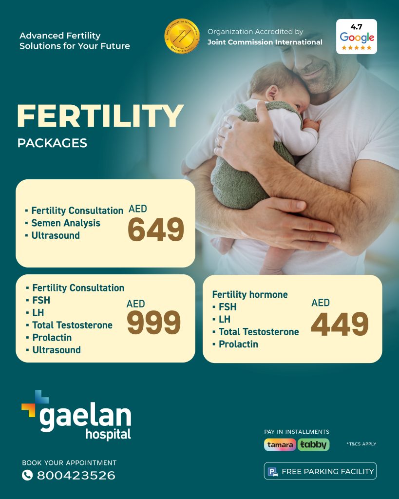 Fertility packages at Gaelan Hospital Sharjah including consultations, hormone tests, semen analysis, ultrasound with pricing details