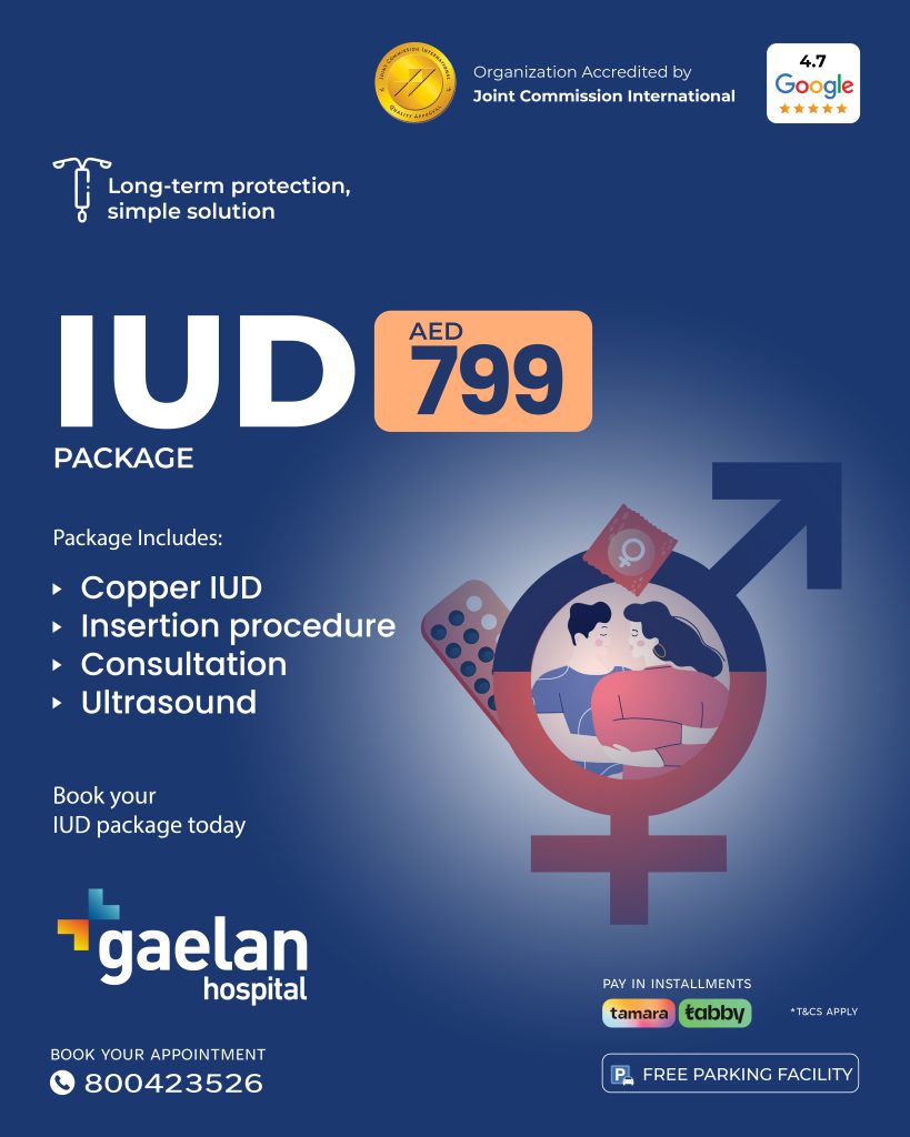 IUD package at Gaelan Hospital Sharjah with copper IUD insertion, consultation, and ultrasound for AED 799
