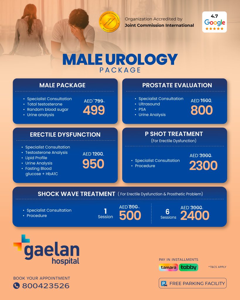 Male Urology Packages at Gaelan Hospital in Sharjah including prostate evaluation, erectile dysfunction treatment, P-shot therapy, and shock wave sessions. Special summer offers with affordable prices and specialist consultations.
