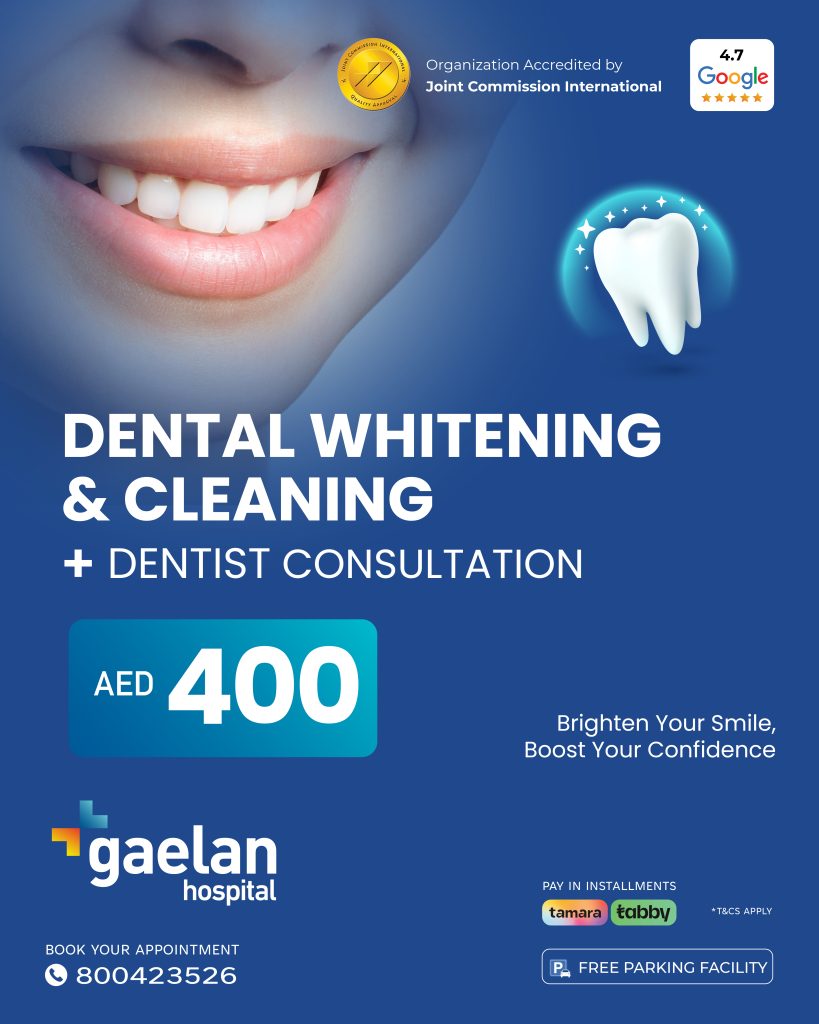 Dental whitening and cleaning package at Gaelan Hospital Sharjah with dentist consultation for AED 400, featuring a bright smile