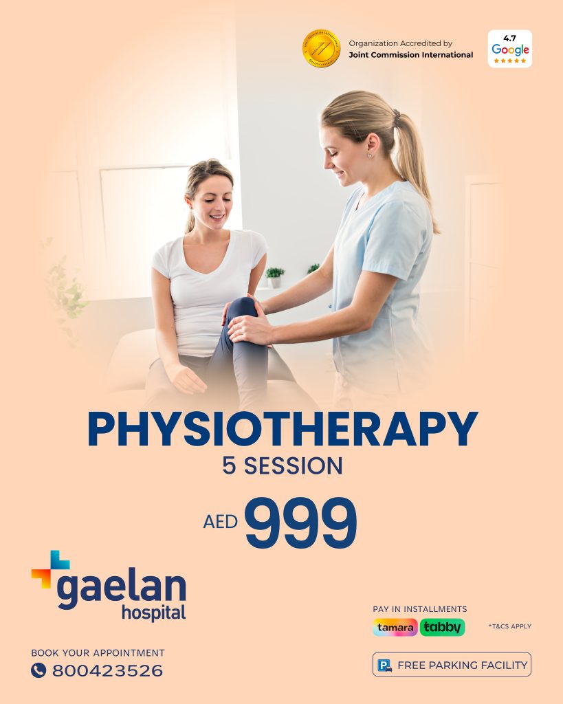Physiotherapist providing knee rehabilitation treatment during a physiotherapy session at Gaelan Hospital in Sharjah