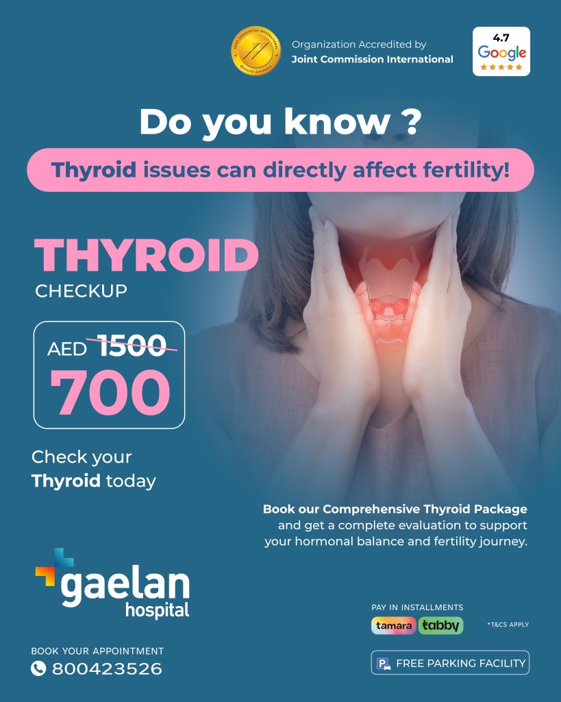Thyroid checkup package at Gaelan Hospital Sharjah for AED 700, highlighting fertility impact and including hormonal balance evaluation