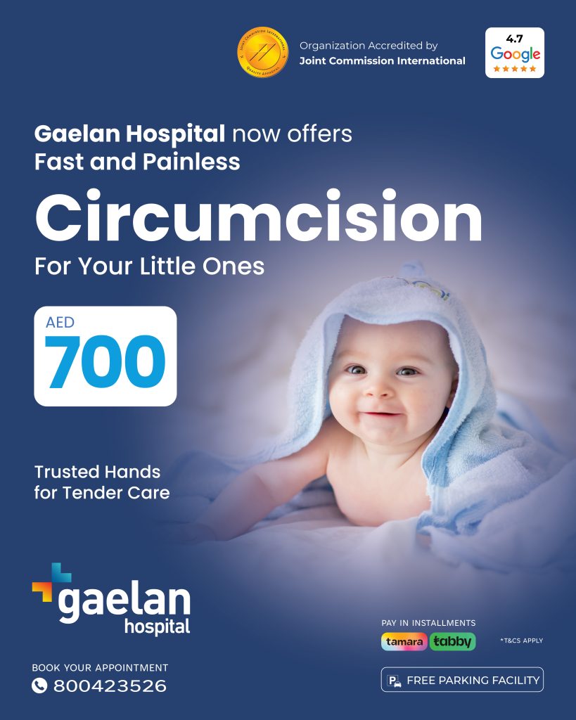 Smiling baby wrapped in a blue towel promoting fast and painless circumcision at Gaelan Hospital, Sharjah, UAE – AED 700 offer.