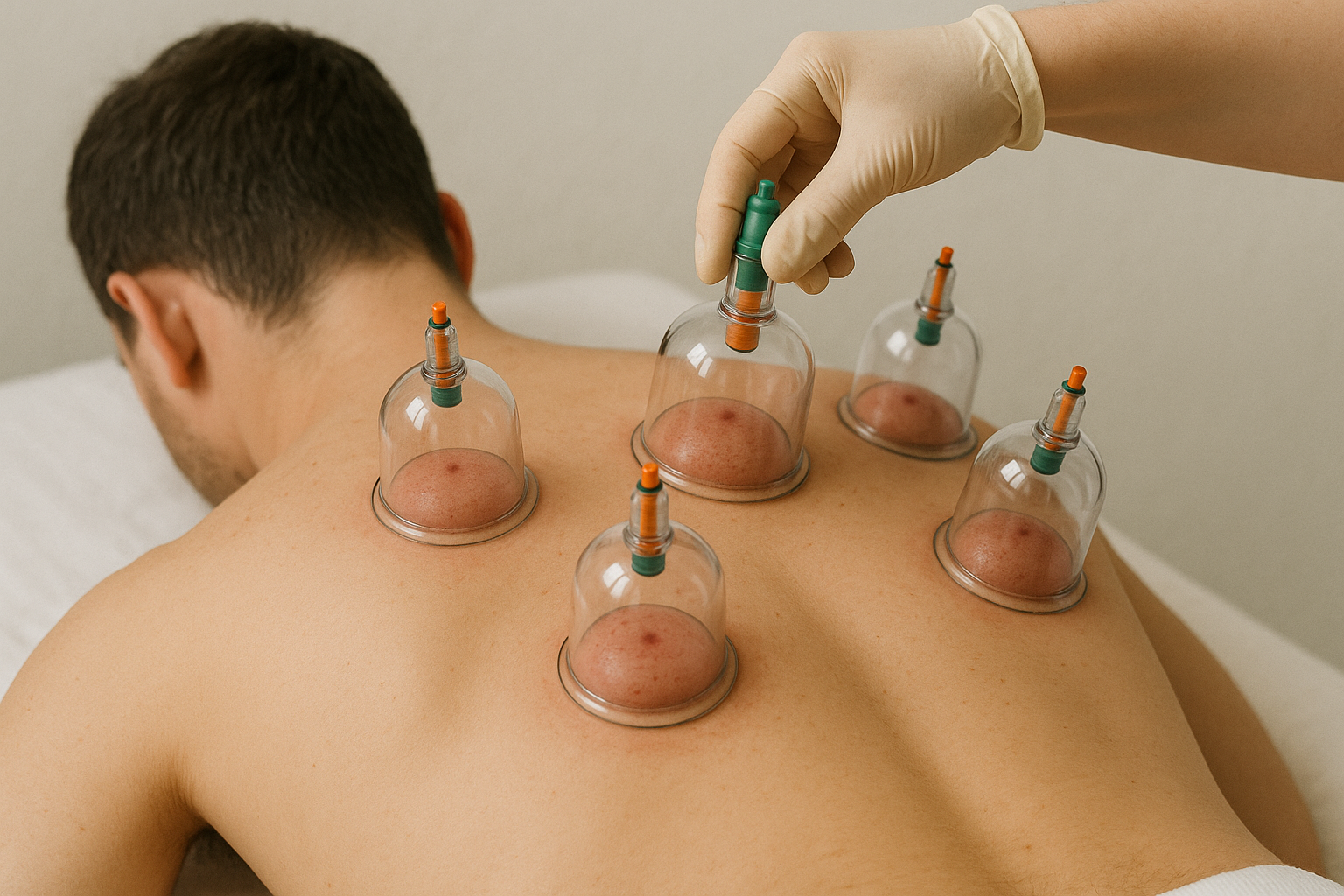 Hijama cupping therapy session at Gaelan Hospital in Sharjah — therapist applying suction cups on patient’s back to improve blood circulation and relieve pain.