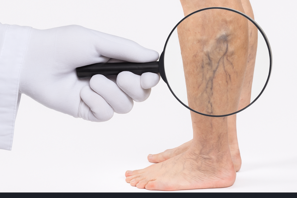 Doctor examining leg veins with magnifying glass showing varicose veins