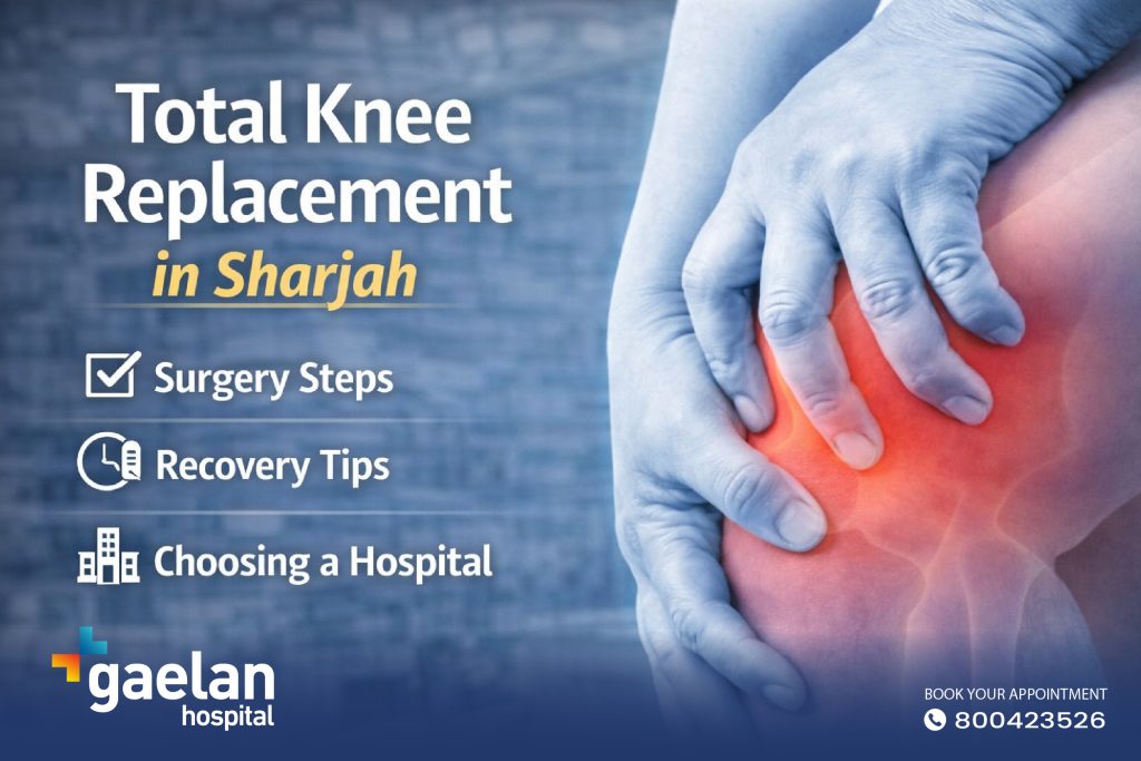 Doctor examining painful knee joint illustrating total knee replacement surgery in Sharjah at Gaelan Hospital
