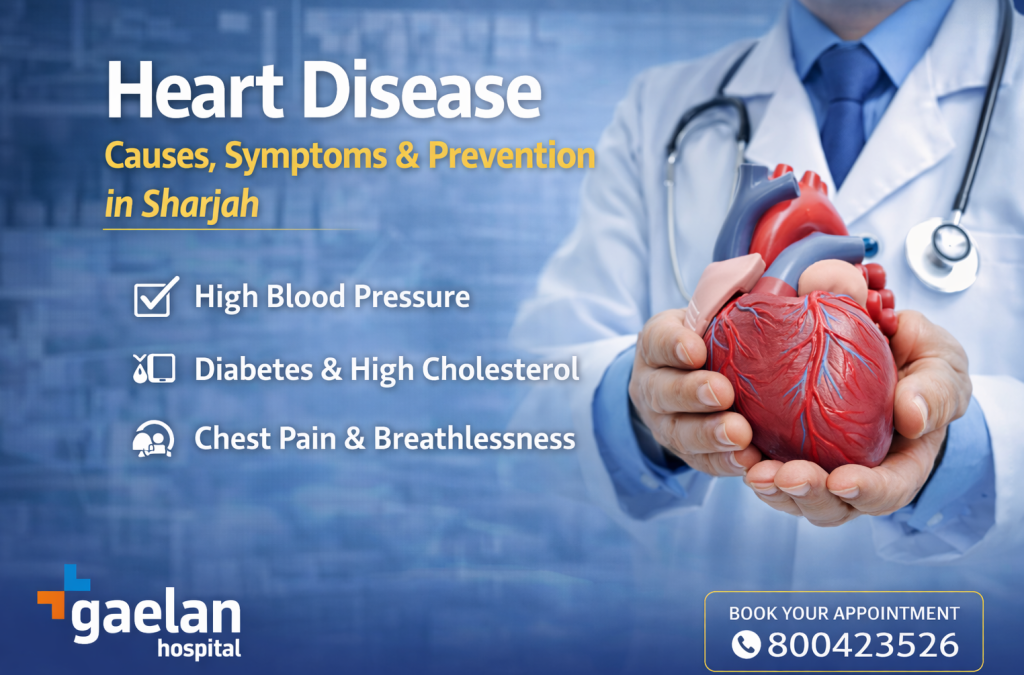 Doctor holding an anatomical heart model explaining heart disease causes and symptoms in Sharjah, UAE
