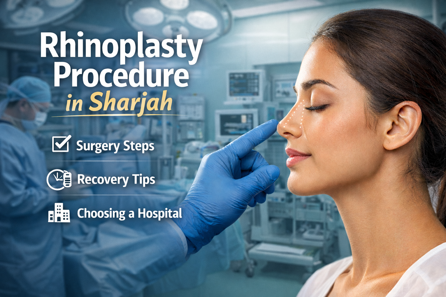 Rhinoplasty procedure in Sharjah performed in a hospital operating room with a surgeon examining a patient’s nose before surgery